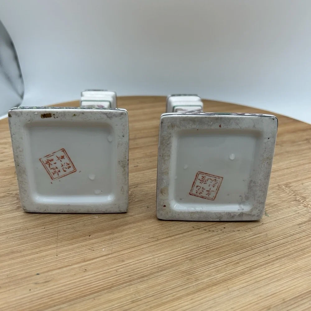 Pair Chinese Porcelain Candle Holders Famille Rose Style Square Base Vintage‎